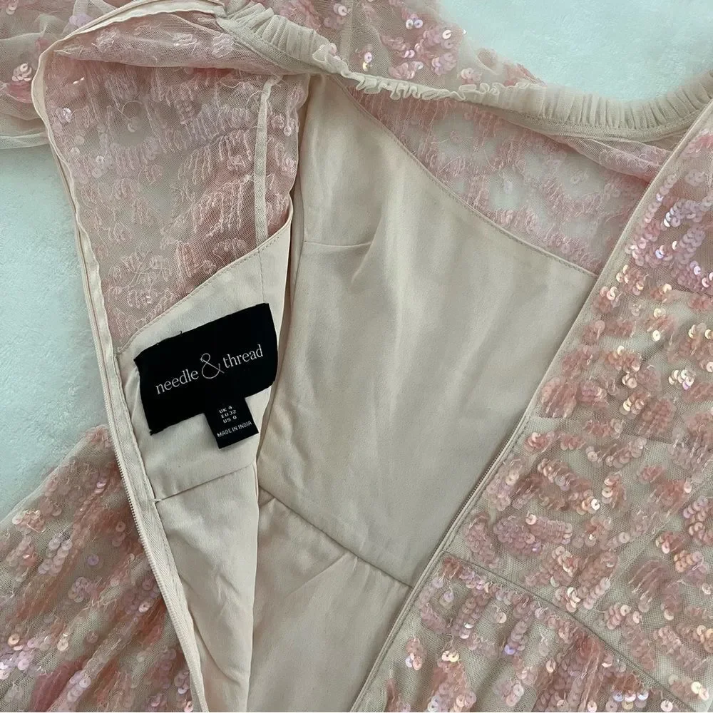 BHLDN Needle & Thread Pink Sequin Long Sleeve Dress, Size 0 NWOT